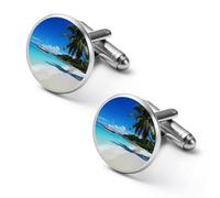Praslin Island - Gemelos redondos para camisa con vista panorámica de playa, para negocios, boda, fiesta, día del padre, 2.0cm, Metal, No es una piedra preciosa