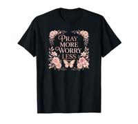 Pray More Worry Less Butterfly Floral Christian Faith Camiseta