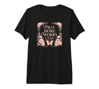 Pray More Worry Less Butterfly Floral Christian Faith Camiseta Premium
