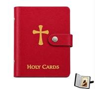 Prayer Card Holder Book, Catholic Prayer Card Holder, Faux Leather Holy with Snap Closure, Holds 54, Portable Religious Keepsake Organizer (Red)