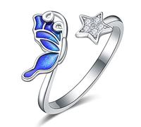 praymos Anillos ajustables de mariposa azul de plata de ley 925 con apertura para mujer, anillo abierto de circonita cúbica, anillos de mariposa de plata con caja de regalo de joyería, Plata de ley