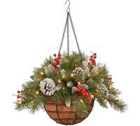 Pre-Lit Artificial Christmas Hanging Basket, Winter Hanging Basket Decoration with Pine Red Berries Pinecones, Festive Planter LED Lights for Porch, Front Door, Home, Garden, Patio, Lawn