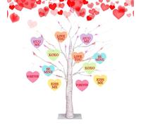 Pre Lit Twig Tree - Heart Ornament Display, Decorative White Birch Stand with Flexible Branches, Sparkly Holiday Accent Lighting, Ideal for Home Mantel Bedroom Decorating