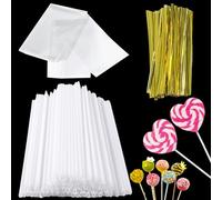 Prebarfun 100 Piezas Palos para Cake Pops, Palitos de Piruleta, Lollipop Sticks, 100 Bolsas y 100 Alambres para Lollies Hacer Galletas Cupcake Chocolate, 17cm*3.5mm