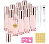 Prebarfun 12 botellas vacías Roll on de 10 ml, color rosa, para aceites esenciales, desodoroller para rellenar con jeringas, abridores, pipetas, rollon botellas para aceites, aromaterapia, perfume