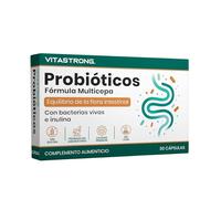 Prebioticos y Probioticos Vitastrong Veganos, Fórmula Multicepa con Bacterias Vivas, Inulina, Saccharomyces Boulardii, Cápsulas Gastroresistentes, Sin Estearato de Magnesio y Testado in Laboratorio