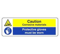 Precaution Corrosive Materials Protective Gloves Must Be Worn - Señal de seguridad - Plástico rígido de 1,2 mm para uso en interiores y exteriores (150 mm x 50 mm) Distancia de visualización dentro de