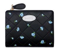Preciosa cartera con estampado de flores, monedero corto de piel sintética, monedero simple con soporte para cambio diario de piel sintética, bonita impresión de flores con soporte, Black