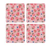 Preciosa Fresa Rosa,Posavasos Cuadrados de Corcho MDF, Almohadilla para Tazas, Juego de 4 Posavasos para Bebidas