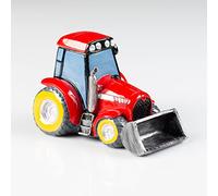 Preciosa hucha grande, diseño de tractor rojo con pala con cierre de rosca.