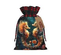 Preciosas bolsas navideñas con cordón ajustable y estampado de flores, con una pareja de caballitos de mar, perfectas para cumpleaños y fiestas navideñas.