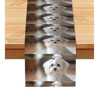 Precioso Perro maltés Impreso,Camino de Mesa de Lino sintético para el hogar, Fiestas, comedores, 33 x 183 cm