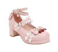 Preciosos zapatos de princesa para niñas grandes, con cordones, material de poliuretano, con lazo, adornados, tacones gruesos, tacones altos, bodas, bailes de graduación 29, Rosa., 36.5 EU 3X-Estrecho