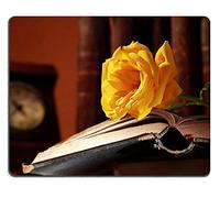 (Precisión Cosida) Alfombrilla de ratón Alfombrilla de ráton de Goma Natural 3 Bodegón de la Vendimia con la Hermosa Rosa Amarilla Que miente en el Libro Viejo