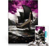 Precision Cut 1000 Piece Jigsaw Puzzle Black Viking Ship on Stormy Sea Made of Cardboard for Age 14+ Fun Games Fun Activities at Home, Birthday Gifts, Travel Gifts。Size:26x38cm/10.24x14.96inch