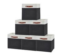 PrecisionAuto Juego de 6 cubos de almacenamiento de 13 x 13 pulgadas, cestas de almacenamiento plegables de tela con asas de cuero, organizadores de armario plegables para estantes de cubo, beige