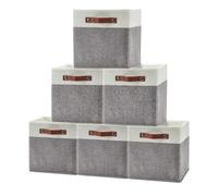 PrecisionAuto Juego de 6 cubos de almacenamiento de 13 x 13 pulgadas, cestas de almacenamiento plegables de tela con asas de cuero, organizadores de armario plegables para estantes de cubo, beige