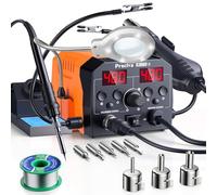 Preciva Estación de Soldadura 740W, 2 en 1 Soldador Estaño con Aire Caliente y Cautín, Doble Pantalla Digital, Función Reposo 10 Min, Lupa 5X con Luz, Pinzas Tercera Mano para Reparación Electrónica