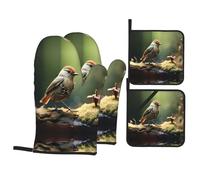 Predatory Little Perching Bird - Juego de guantes y alfombrillas aislantes del calor, 4 piezas, resistentes a altas temperaturas, horno, parrilla, guantes para hornear y soportes para ollas