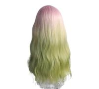 Predepiladas Peluca sintética larga ondulada rosa ombré verde con raya en medio y esponjosa for mujer, peluca de cosplay Apto para principiantes