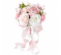 predolo Flores Artificiales con Cintas Romántico Mano con Follaje corativo Clásico para Novias, Melocotón