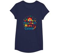 Preescolar ¡Aquí vengo! Aventura Escolar Colorida Camiseta, Niñas, Azul Marino, Pequeña