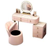 Preferspace Tocador con Espejo LED, 3 Luces, Tomas de Corriente, Altavoces Bluetooth, Cargador inalámbrico, Taburete de Almacenamiento, Marco de Metal, para Dormitorio