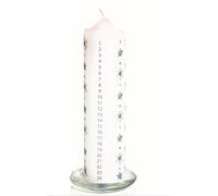 Premier Decorations Vela de Adviento de Cera con Soporte de Vidrio Pilar Blanco con Estrellas Plateadas y Copos de Nieve