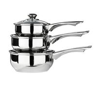 Premier Housewares 403553 - Batería de Cocina, Acero Inoxidable, 3 Piezas, 16, 18 y 20 cm, Incluye Tapas de Cristal, Color Plateado
