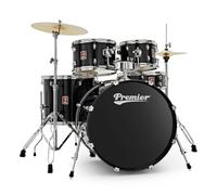 Premier Revolution 22'' Batería de 5 Piezas, Negro | Paquete Listo para Tocar de 5 Piezas con Herrajes Platillos y Taburete, Cascos de Álamo 6 Capas de Tono Cálido, Negro
