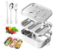 Premium Bento Box de acero inoxidable 304 a prueba de fugas, fiambrera de 1800 ml, bandeja de acero inoxidable con 3 compartimentos, anillo de sellado, incluye vajilla Bento Box sin BPA, fiambrera de