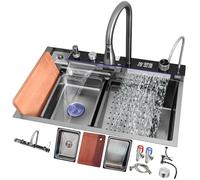 Premium Black Multi-Function Kitchen Sink with Temperature Display - Top-Mounted Waterfall Design Large Single Bowl Workstation Soundproof Complete Accessory Set (75x46x22cm)