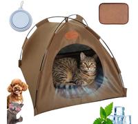 Premium Cat Cooling Tent with Rattan Mat and Dog Sun Tent, Foldable Cat Cooling Station for Indoor and Outdoor, Breathable Cats Camping Tents for Dogs &Cats (Coffee, 35 x 35 x 30 cm)