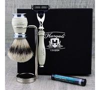 Premium Classic hombre Brocha de Afeitar & Cuidado Set > Top Grade Plata Punta Pincel, 3 Edge Razor & Dual de pie, y libre alumbre Stick