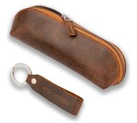 Premium Estuche Lapices Cuero, Funda Escolar de Piel Vintage, Hecha a Mano, Cremallera Larga, Bolsa Bolígrafos, Llavero Gratis (Marrón Vintage)