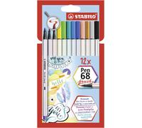 Premium Fibre-Tip Pen with Brush Tip - STABILO Pen 68 brush - Pack of 12 - Assor