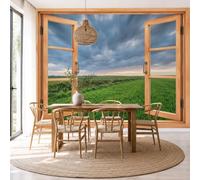 Premium Fotomurales Zonas Rurales Campos 200 x 140cm XXL Papel pintado Decoración de Pared decorativos Murales Dormitorio Oficina Hotel Vista ventana Nubes De Tormenta Panorama