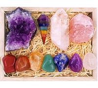 Premium Healing Crystals Kit in Wooden Box - 7 Chakra Set Tumbled Stones, Rose Quartz, Amethyst Cluster, Crystal Points, Chakra Pendulum + 82 Page E-Book + 20x6 Reference Guide Poster, Ribbon Bow