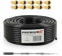 Premium X 25m Cable coaxial DELUXE PRO de NEGRO 135dB Cable de antena SAT de COBRE PUR blindado de 5 vías con 10x F - Conector