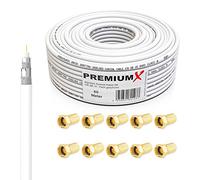 Premium X BASIC Cable coaxial de 50m - Recepción perfecta con blindaje de aluminio cuádruple de 135dB - Compatible con DVB-S/S2, DVB-C, DVB-T, instalaciones BK - Incluidos 10 conectores F