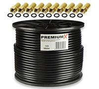 Premium X Cable coaxial de lujo PRO 100m NEGRO 135dB Cable de antena SAT de 100 metros de cobre puro blindado de 5 vías con 10x conector F 8.0mm en color 'dorado' - INCLUYDO GRATUIDO