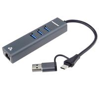 PREMIUMCORD Adaptador USB 2in1 a Gigabit RJ45 + 3X USB A, Ethernet RJ45 10/100/1000 Mbps, SuperSpeed 3.2 Gen1 5 Gbit/s, para PC, Portátiles, Teclados, Ratones, SSD, Carcasa Metálica, 15 cm