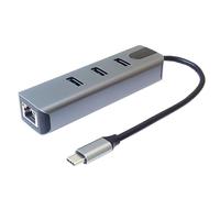 PREMIUMCORD Adaptador USB-C a Gigabit RJ45 + 3X USB A, Ethernet RJ45 10/100/1000 Mbps, SuperSpeed 3.2 Gen1 5 Gbit/s, para PC, Portátiles, Teclados, Ratones, SSD, Carcasa Metálica, 15 cm