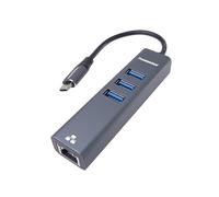 PremiumCord Adaptador USB-C a Gigabit RJ45 + 3X USB A, Ethernet 10/100/1000Mbps, USB 3.2 Gen 1, 5 Gbps, Macho a Hembra, Aluminio, Longitud 15 cm