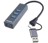PREMIUMCORD SuperSpeed Hub USB 2in1 a 4X USB A, Transferencia de Datos 3.2 Gen1 5 Gbit/s, Conector Tipo C, Carga de 5 V, para PC, Portátiles, Teclados, Ratones, SSD, Carcasa Metálica, 15 cm