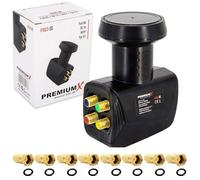 PremiumX Quad LNB para 4 usuarios: Convertidor de señal de TV con protección contra el Clima, LNB Satélite Digital en Negro con 8 Conectores F incluidos. Compatible con DVB-S2 8K UHD 4K Full HD