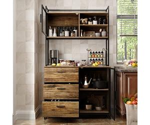 PREMTURE Armario alto de cocina tipo buffet con 3 cajones y 2 puertas, estilo industrial, estante abierto para microondas, 100 x 40 x 175 cm