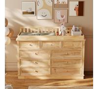 PREMTURE Cambiador grande de madera maciza, 9 cajones, borde extra alto, cómoda para pañales con gran espacio de almacenamiento, 140 × 48 × 102 cm, color natural