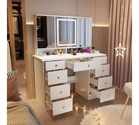 PREMTURE Tocador con iluminación LED, 3 espejos, 9 cajones, 5 estantes, tablero de fibra de densidad media, 50 x 110 x 137 cm, color blanco