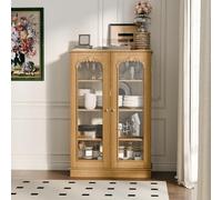 PREMTURE Vitrina de Madera Natural 80cm Estilo Rústico - Armario Vitrina 2 Puertas en Arco, Talla Decorativa & 3 Estantes, 120cm de Alto - Vitrina Vajillero & Librería de Madera de Pino, 80×120×40cm